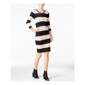 CHELSEA SKY Womens Black Striped 3/4 Sleeve Above The Knee Sheath Dress Size: L